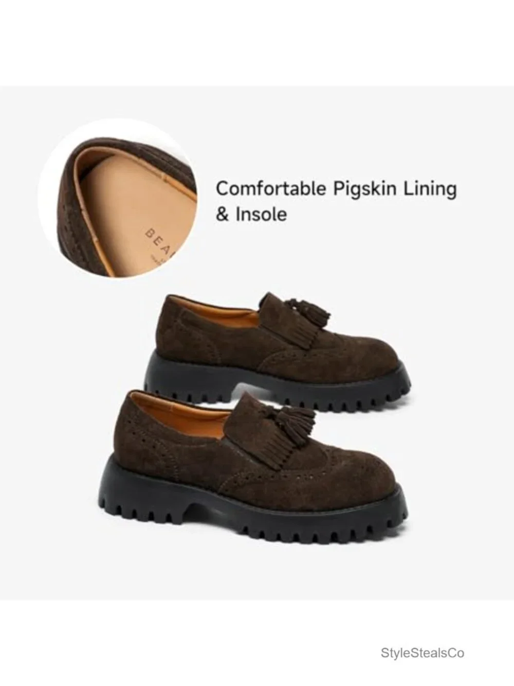 Genuine Cow Suede Chunky Loafers with Tassel Brogue Design - 1.97in Block Heel